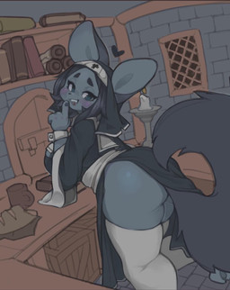 4_fingers anthro bent_over black_clothing black_hair blue_eyes blush book bread breasts butt clothed clothing crate female female_anthro fingers fluffy fluffy_tail food fur grey_body grey_fur hair half-closed_eyes heart_symbol kemono legwear looking_at_viewer looking_back narrowed_eyes nun open_mouth open_smile smile snout solo tail teeth thigh_highs foxbanchan foxbanchan_(character) canid canine fox mammal 2020 hi_res