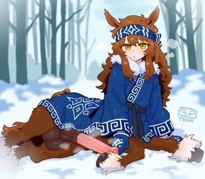 amber_eyes animal_genitalia animal_penis balls big_penis blue_clothing blush breath brown_body brown_fur clothing equine_genitalia equine_penis erection femboy forest fur genitals hair handwear hooves kerchief long_hair looking_at_viewer lying male mittens musk musk_cloud on_side outside penis plant presenting presenting_penis robe sash snow solo tail tree winter winter_clothing thetenk european_mythology greek_mythology mythology centaur equid equid_taur humanoid_taur mammal mammal_taur taur hi_res