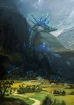 ambiguous_gender blue_body blue_eyes blue_scales feral glowing glowing_eyes grass mountain plant quadruped scales sky solo tree jcm2 mythology dragon mythological_creature mythological_scalie scalie absurd_res hi_res