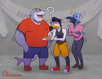anthro beak birthday_cake black_bottomwear black_clothing black_footwear black_hair black_jeans black_legs black_pants black_shirt black_shoes black_tank_top black_topwear blue_body blue_bottomwear blue_clothing blue_feathers blue_shorts bodily_fluids bottomwear cake candle clothed clothing confusion crossed_arms denim denim_bottomwear denim_clothing dessert emanata eyebrows feathers food footwear gills gloom_lines grey_body group hair happy_birthday holding_object holding_plate inside jeans laugh lit_candle male nervous nervous_sweat non-mammal_hair orange_bottomwear orange_clothing orange_eyebrows orange_shorts pants pink_sweatshirt plate question_mark red_clothing red_footwear red_shirt red_shoes red_topwear shirt shoes shorts slightly_chubby slightly_chubby_male slim_male sweat tail tank_top text topwear tremble_lines trio white_body yellow_beak oni_drawfriend crocs gus_skwarek jace_wayne shane_stocks aquatic avian bird corvid fish gull jay_(bird) lari larid new_world_jay oscine passerine scrub_jay shark 2025 colored digital_drawing_(artwork) digital_media_(artwork) english_text hi_res