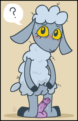 after_masturbation anthro balls black_border blush blush_lines bodily_fluids border dildo female fur genital_fluids genitals grey_body hooves humanoid_genitalia humanoid_penis kneeling long_ears looking_at_viewer lube masturbation nude penetrable_sex_toy penis presenting presenting_vulva question_mark sex_toy solo speech_bubble sweat tail vaginal vulva white_body wool_(fur) yellow_eyes conditional_dnp muffinlewds carnivore_(game) bovid caprine mammal sheep absurd_res digital_media_(artwork) hi_res