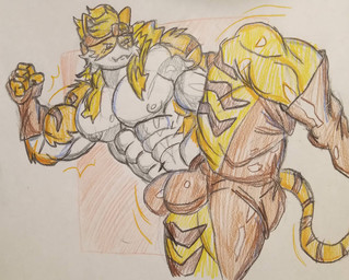 abs anthro bulge fighting_pose flexing fur legs_up male multicolored_body multicolored_fur muscular muscular_anthro pecs pose solo welyr epic_games fortnite meowscles meowtooth domestic_cat felid feline felis mammal pantherine tiger traditional_media_(artwork)