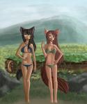 bikini black_body black_fur black_hair bra breasts brown_body brown_fur clothed clothing duo female flower fur grass hair log mountain outside plant purple_eyes red_hair rock skimpy sky smile swimwear two-piece_swimsuit underwear wood yellow_eyes raptor007 kitsu song_(raptor007) animal_humanoid canid canid_humanoid canine canine_humanoid felid fox fox_humanoid humanoid mammal mammal_humanoid 2012 5:6 absurd_res digital_media_(artwork) hi_res