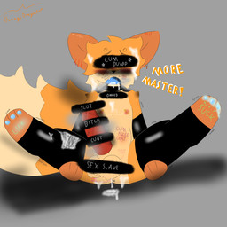 anthro armwear balls big_balls big_penis big_tail bite_mark blush bodily_fluids body_writing butt clothing collar cum cum_in_mouth cum_inside cum_on_butt cum_on_chest cum_on_face cum_on_leg degradation ear_piercing feet foot_fetish genital_fluids genitals humiliation inflation latex latex_armwear latex_clothing latex_legwear latex_thigh_highs legwear male nipple_piercing nipples open_mouth paws penis piercing reflective_clothing saliva saliva_on_foot scratches shaking smelly solo tail text thigh_highs orangedragonfruit canid canine fox mammal 1:1 absurd_res english_text hi_res