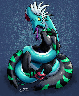 blue_body bodily_fluids cheek_markings coiling countershading drooling facial_markings feathered_wings feathers feral gem head_markings horn imminent_vore markings open_mouth red_markings saliva serpentine unicorn_horn white_body wings yellow_eyes gyrotech nintendo pokemon fan_character gwini_(gyro) reuben_(reubarbpie) canid canine dragonair generation_1_pokemon mammal pokemon_(species)