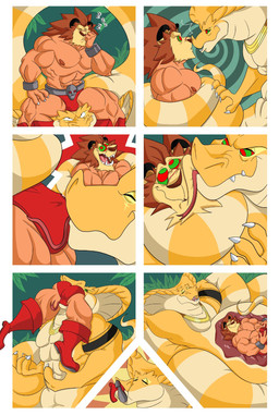 abdominal_bulge anthro apode bulge coiling duo forked_tongue gold_(metal) gold_jewelry head_first internal jewelry legless male oral_vore serpentine swallowing tongue vore edtertainerd red_earth leo_(red_earth) cobra draconcopode felid lion mammal naga pantherine reptile scalie snake comic hi_res