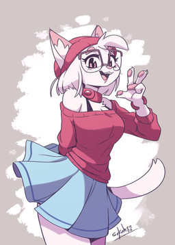 anthro arm_tuft beanie bottomwear bra_strap breasts chest_tuft clothing collar eyebrows eyelashes eyewear female fur glasses hair hat headgear headwear inner_ear_fluff open_mouth pawpads pink_eyes shoulder_tuft skirt solo tuft white_body white_fur white_hair senorkah gaby_(senorkah) domestic_cat felid feline felis mammal 2026 hi_res