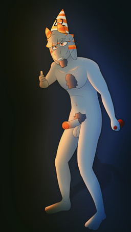 anthro balls birthday body_hair bottle chest_tuft clothing container drunk erection facial_hair floppy_ears foreskin fur genitals gesture goatee grey_body grey_fur hair hand_gesture hat headgear headwear holding_bottle holding_container holding_object horn humanoid_genitalia humanoid_penis looking_at_viewer male nude orange_eyes orange_horn orange_penis orange_stripes partially_retracted_foreskin party_hat penis pubes solo standing stripes substance_intoxication thumbs_up tuft conditional_dnp gusta gusta_(gusta) bovid caprine goat mammal 9:16 hi_res