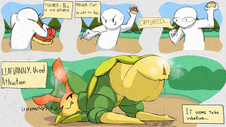 anthro arthropod_abdomen backpack bodily_fluids day dialogue duo female genital_fluids genitals holding_object holding_pokeball looking_back male mouth_closed one_eye_closed open_mouth outside pokeball pokemon_speak presenting presenting_vulva shocked smile speech_bubble standing sweat sweatdrop text tongue tongue_out vaginal_fluids vulva wink lr2d nintendo pokemon arthropod generation_5_pokemon human leavanny mammal pokemon_(species) comic english_text hi_res spanish_description