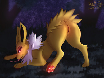 all_fours anus bodily_fluids butt female feral fur genital_fluids genitals grass inviting_to_sex looking_at_viewer markings mole_(marking) pawpads paws plant presenting profanity purple_eyes sky solo text vaginal_fluids vulva white_body white_fur yellow_body yellow_fur astralia_(art) nintendo pokemon eeveelution generation_1_pokemon jolteon pokemon_(species) english_text hi_res watermark