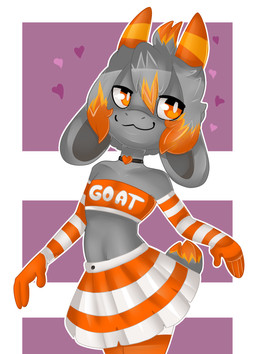 anthro armwear bottomwear choker clothed clothing crossdressing elbow_gloves femboy floppy_ears fur gloves grey_body grey_fur hair handwear heart_choker horn jewelry legwear male necklace orange_armwear orange_bottomwear orange_clothing orange_elbow_gloves orange_eyes orange_gloves orange_handwear orange_horn orange_legwear orange_skirt orange_thigh_highs orange_topwear orange_tube_top pattern_armwear pattern_bottomwear pattern_clothing pattern_elbow_gloves pattern_gloves pattern_handwear pattern_legwear pattern_skirt pattern_thigh_highs skirt solo striped_armwear striped_bottomwear striped_clothing striped_elbow_gloves striped_gloves striped_handwear striped_legwear striped_skirt striped_thigh_highs stripes tail thigh_highs topwear tube_top snarkosaurus gusta_(gusta) bovid caprine goat mammal hi_res