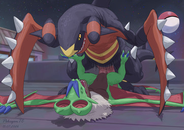 2_penises animal_genitalia belly blue_body blue_claws building claws cloaca cloacal_penis diphallism duo erection eyes_closed female feral fin from_front_position fur genitals green_body horizontal_diphallism legs_up lying male male/female markings membrane_(anatomy) missionary_position multi_genitalia multi_penis on_back open_mouth outside penile_spines penis red_belly red_membrane sex spikes spikes_(anatomy) star_(marking) tail teeth wings yellow_eyes yellow_markings pokegontc nintendo pokemon generation_6_pokemon generation_9_pokemon mega_evolution mega_garchomp_z noivern pokemon_(species) shiny_pokemon 2026 digital_media_(artwork) hi_res