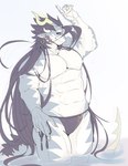 abs anthro black_hair clothing ear_piercing ear_ring grey_body grey_scales hair long_hair male muscular muscular_anthro muscular_male pecs piercing ring_piercing scales simple_background solo speedo swimwear tail white_background izm_rm7 lifewonders mythology tokyo_afterschool_summoners fuxi_(tas) dragon mythological_creature mythological_scalie scalie hi_res