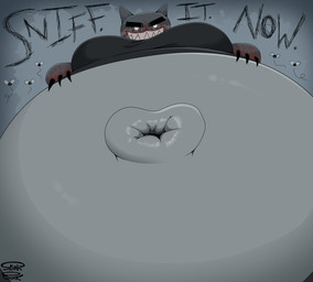anthro belly big_belly black_claws black_clothing black_shirt black_topwear blood blood_on_face blood_on_hand bodily_fluids breasts claws clothing deep_navel detailed_navel eyebrows female flies_for_smell glistening glistening_belly grey_body grey_ears grey_face grey_paws grin huge_belly hyper hyper_belly looking_at_viewer looking_down midriff navel navel_close-up navel_fetish navel_focus navel_rim obese outie_navel overweight pointy_ears sharp_teeth shirt simple_background smile solo teeth text thick_eyebrows topwear white_eyes skunk_bunk mewgenics guillotina_(mewgenics) ambient_arthropod ambient_insect arthropod domestic_cat felid feline felis fly_(animal) insect mammal 2026 absurd_res digital_drawing_(artwork) digital_media_(artwork) english_text half-length_portrait handwritten_text hi_res portrait signature