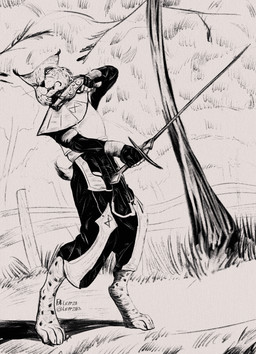 anthro biped black_eyes black_nose black_text clothed clothing fence fingers forest gun handgun holding_gun holding_handgun holding_melee_weapon holding_object holding_pistol holding_ranged_weapon holding_sword holding_weapon male melee_weapon one_eye_closed outside pistol plant ranged_weapon shadow solo standing sword teeth text tree weapon leprzil felid feline lynx mammal 2025 english_text hi_res monochrome signature