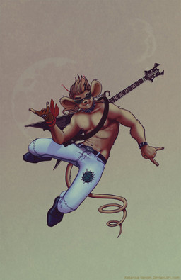 5_fingers anthro belt biceps black_nose boots bottomwear bracelet brown_hair clothed clothing collar denim denim_bottomwear denim_clothing devil_horns_(gesture) ear_piercing electric_guitar eyewear fingerless_gloves fingers footwear front_view fur gesture gloves guitar hair hand_gesture handwear jeans jewelry jumping male muscular muscular_anthro muscular_male musical_instrument navel navel_piercing pants pecs piercing plucked_string_instrument shoes short_hair smile solo string_instrument sunglasses tan_body tan_fur topless topless_anthro topless_male katarina-venom biker_mice_from_mars flying_v gibson throttle_(bmfm) alien house_mouse mammal mouse murid murine rodent