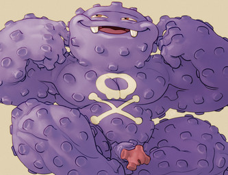 anthro armpit_showing belly burly fangs flaccid flexing genitals glans male musclegut muscular muscular_arms muscular_male narrowed_eyes pecs penis pink_glans purple_body purple_skin raised_arms simple_background sitting slightly_chubby slightly_chubby_male smile solo spread_legs spreading teeth unusual_anatomy unusual_genitalia unusual_glans unusual_penis ravuer nintendo pokemon generation_1_pokemon koffing pokemon_(species) absurd_res hi_res