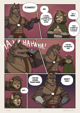 abs anthro armor bracers brown_body brown_eyes brown_fur clothing dialogue duo ears_back eyes_closed facepalm flustered front_view fur green_clothing green_eyes green_shirt green_topwear green_tunic hand_on_hand hands_in_front hands_on_hips headpat jewelry laugh leather leather_strap male muscular muscular_male navel necklace nipples page_number pawpads pecs pendant pivoted_ears shirt speech_bubble straps surprised suspicious tassets text topwear tunic wraps wrist_wraps ghosty_cult far_beyond_the_world_(series) erof_(far_beyond_the_world) talisin_(far_beyond_the_world) canid canine canis mammal wolf artist_name comic english_text hi_res multiple_scenes