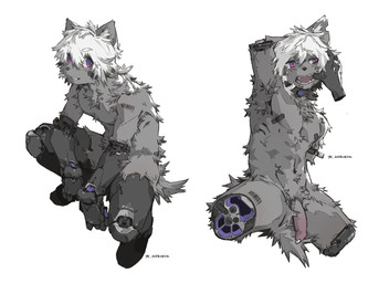 4_artificial_limbs 4_missing_limbs amputee anthro athletic athletic_anthro athletic_male barcode barcode_tattoo biped disability duo finger_in_mouth foreskin genitals glans half-erect humanoid_genitalia humanoid_penis male mechanical_arm mechanical_leg penis quadruple_amputee solo solo_focus tattoo dogmeat_(artist) canid canine canis mammal wolf hi_res