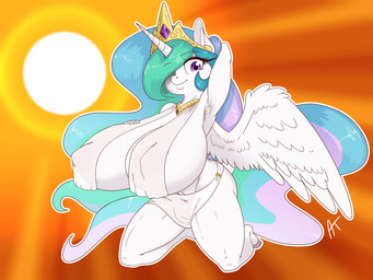 anthro anthrofied big_breasts biped breasts clothed clothing crown female hair headgear horn jewelry kneeling long_hair necklace nipple_outline partially_clothed pose purple_eyes solo sun tiara wings appelknekten friendship_is_magic hasbro my_little_pony mythology princess_celestia_(mlp) equid equine mammal mythological_creature mythological_equine winged_unicorn 2019 hi_res