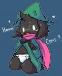 anthro blush briefs clothed clothing clothing_lift eyewear glasses hat headgear headwear heart_symbol kneeling looking_at_viewer male navel open_mouth question_mark robe scarf solo text tighty_whities underwear white_briefs white_clothing white_underwear young young_anthro young_male mei_(artist) deltarune undertale_(series) ralsei bovid caprine goat mammal 2020 english_text