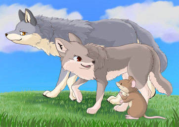 ambiguous_gender black_nose brown_body brown_fur claws cloud countershading day detailed_background feet female feral fur grass grey_body grey_fur group inner_ear_fluff larger_feral male multicolored_body multicolored_fur open_mouth orange_eyes outside paws plant quadruped side_view size_difference sky smaller_feral smile tail tan_body tan_fur teeth toes trio tuft two_tone_body two_tone_fur white_body white_fur fusau canid canine canis mammal mouse murid murine rodent wolf 2022 absurd_res detailed digital_media_(artwork) hi_res