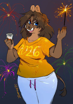 5_fingers anthro blue_eyes brown_body brown_fur brown_hair eyewear female fingers fireworks fur glasses hair holidays smile solo sparkler sparks tusks zummeng new_year new_year_2026 zummeng_(character) mammal suid suine sus_(pig) wild_boar hi_res