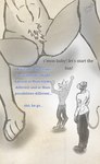 anthro big_legs black_body black_fur brown_body brown_fur duo female fur long_tail macro male male/female questionable_consent tail text thinking thought thoughtful_expression sethmetparriere canid canine canis domestic_dog felid feline leopard mammal pantherine english_text