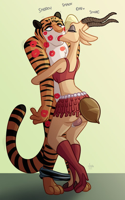 anthro bottomwear clothing dominant dominant_female dress duo female footwear fur genitals high_heels hooves horn imminent_sex kiss_mark kiss_on_lips kissing kissing_sound_effect lipstick long_tail makeup male male/female pants paws penis penis_between_thighs popstar red_clothing red_dress shoes striped_body striped_fur stripes tail jamearts disney zootopia gazelle_(zootopia) tiger_dancer_(zootopia) antelope bovid felid gazelle mammal pantherine tiger 5:8 hi_res