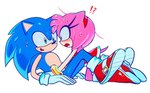 anthro blue_body blue_fur blush bodily_fluids clothing duo female fur gloves green_eyes handwear male male/female micro_calves micro_legs micro_thighs pink_body pink_fur simple_background smile sweat tail thin_calves thin_legs thin_thighs white_background hhhh_0103 sega sonic_the_hedgehog_(series) amy_rose sonic_the_hedgehog eulipotyphlan hedgehog mammal hi_res