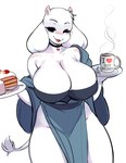 2022 absurd_res anthro big_breasts bovid bovine breasts caprine cleavage clothed clothing eyelashes female food fur goat hi_res holding_food holding_object huge_breasts jewelry mammal mature_anthro mature_female necklace pinup pose robe simple_background skimpy solo toriel tsampikos undertale_(series) white_body white_fur