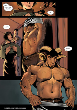 5_fingers anthro arm_scar big_muscles black_hair bottomwear brown_body brown_bottomwear brown_clothing brown_eyes brown_pants chest_scar clothed clothing clothing_lift curly_hair detailed_background dialogue duo eyebrows facial_scar fantasy fingers green_clothing green_shirt green_topwear hair horn inside jewelry male muscular muscular_anthro muscular_arms muscular_male necklace pants scar shirt shirt_lift solo speech_bubble taking_off_shirt text thick_eyebrows topless topless_anthro topless_male topwear purplebirdman roshim_(purplebirdman) bovid caprine goat human mammal sheep 2023 better_version_at_paywall colored comic detailed english_text shaded url