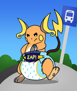 3_toes ambiguous_gender anthro big_diaper black_nose brown_body brown_tail bus_stop bus_stop_sign clean_diaper clock clothed clothing diaper diaper_only featureless_hands feet frown gloves_(marking) huge_diaper leg_markings lightning_tail long_tail looking_down markings multicolored_body multicolored_tail orange_body plant road shrub sidewalk sky socks_(marking) solo standing tail tapping_foot toes topless watch wearing_diaper white_body imces nintendo pokemon pants_(babypants666) generation_1_pokemon pokemon_(species) raichu full-length_portrait hi_res portrait