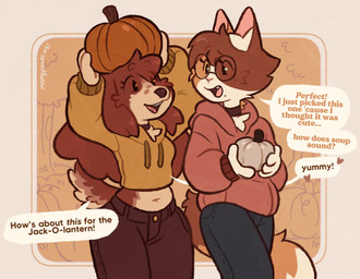 anthro autumn chest_tuft clothed clothed_female clothed_male clothing collar countershading detailed_background dialogue duo eyelashes eyewear female food fruit glasses male navel plant pumpkin romantic romantic_couple smile speech_bubble sweater tail text topwear tuft walking puppeypawbs maple_(puppeypawbs) syrup_(puppeypawbs) bird_dog calico_cat canid canine canis domestic_cat domestic_dog felid feline felis hunting_dog mammal spaniel 2025 digital_media_(artwork) english_text hi_res
