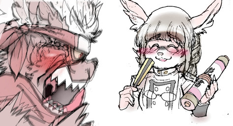 angry black_body black_fur blush brown_hair duo fur hair male pink_body pink_fur scroll white_hair dorayakich lifewonders tokyo_afterschool_summoners tadatomo_(tas) tanetomo_(tas) canid canine canis domestic_dog mammal