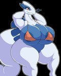 areola big_breasts bikini bottomless breasts bursting_breasts clothed clothing female hands_behind_head huge_breasts hyper ill_fitting_clothing nipple_outline standing swimwear tail thick_tail two-piece_swimsuit snekkobean nintendo pokemon generation_2_pokemon legendary_pokemon lugia pokemon_(species) alpha_channel hi_res