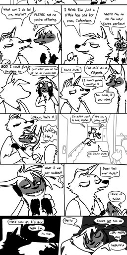 anthro bedroom_eyes black_bars cigarette clothed clothing dialogue drunk duo eyelashes female flirting fur half-closed_eyes male narrowed_eyes naughty_face profanity seductive shocked size_difference stairs substance_intoxication surprised text topless yelling the_weaver disney pack_street zootopia betty_(weaver) fan_character marty_(weaver) wolter_(weaver) aardwolf canid canine canis hyena mammal mustelid musteline stoat true_musteline weasel wolf absurd_res comic digital_drawing_(artwork) digital_media_(artwork) dutch_text english_text hi_res letterbox long_image monochrome tall_image translated