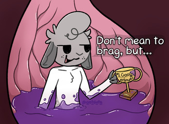 ambiguous_gender anthro award chest_tuft chyme dialogue dirty floppy_ears freckled_face freckles fur grey_body grey_fur head_tuft holding_object inside_stomach internal larger_pred looking_aside organs size_difference slime solo stomach trophy tuft vore white_body white_fur oatdote dote_(oatdote) deer mammal