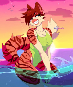 anthro clothing cloud female nipple_outline nipple_piercing nipples one-piece_swimsuit partially_submerged piercing piercing_outline pool_noodle sky smile solo sunset swimwear pomopuchi felid feline mammal hi_res