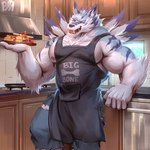 anthro apron biceps big_muscles clothing ear_piercing food fruit kitchen looking_at_viewer male muscular navel nipples pecs piercing plant scar solo strawberry waffle physen bandai_namco digimon canid digimon_(species) mammal weregarurumon absurd_res hi_res