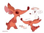 3_toes 4_fingers ambiguous_gender back_markings brown_eyes eyes_closed feet fingers helicopter_ears markings multiple_poses notched_ear open_mouth open_smile pose red_nose simple_background smile snout solo standing text toes white_background cello2424 disney lilo_and_stitch finder_(lilo_and_stitch) alien experiment_(lilo_and_stitch) 2020 4:3 japanese_text partially_translated translation_request