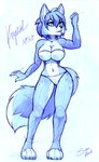 anthro blue_body blue_fur blue_hair bra breasts clothing dipstick_tail eyebrows eyelashes female fluffy fluffy_tail fur green_eyes hair markings navel panties short_hair solo strapless_bra strapless_clothing strapless_underwear tail tail_markings text underwear white_body white_fur naaraskettu nintendo star_fox krystal_(star_fox) canid canine fox mammal 2023 absurd_res colored_sketch english_text guide_lines hi_res sketch