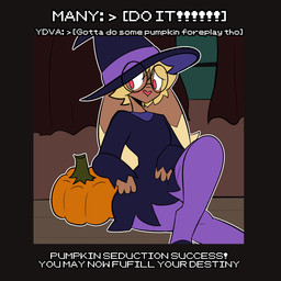 anthro blush clothing crossed_legs eyewear female food fruit glasses hat haunted_house headgear headwear holidays plant pumpkin sitting solo text wearing_glasses witch_costume witch_hat corruptedcryptid halloween nintendo pokemon worst_halloween_special_ever penny_(corruptedcryptid) generation_4_pokemon lopunny pokemon_(species) english_text hi_res trans_(lore) trans_woman_(lore)