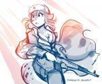 2018 anthro breasts canid canine cleavage clothed clothing conditional_dnp felid female fur gun hat headgear headwear hi_res holding_gun holding_object holding_ranged_weapon holding_weapon hybrid kathrin_vaughan keidran mammal markings military_uniform monochrome open_mouth ranged_weapon rifle simple_background sketch solo spots spotted_body spotted_fur tom_fischbach twokinds uniform weapon white_background