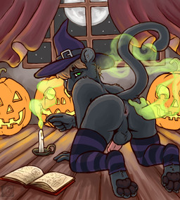 anthro anus backsack balls black_body black_fur black_nose book brown_hair butt candle clothed clothing costume crossdressing curtains detailed_background digitigrade disembodied_hand duo erection femboy fire food fruit fur genitals green_eyes hair hand_on_butt hat headgear headwear holidays humanoid_genitalia humanoid_penis inside jack-o'-lantern leg_warmers legwear looking_at_viewer looking_back magic male melanistic moon night nude pattern_clothing pattern_legwear pawpads paws penis perineum plant presenting presenting_hindquarters pumpkin raised_tail solo_focus spread_butt spreading star stockings striped_clothing striped_legwear stripes tail window chewycuticle halloween felid ghost mammal pantherine spirit 2014 digital_media_(artwork) hi_res