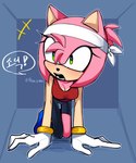 accessory anthro blush bottomwear bracelet breasts cleavage clothed clothing eyelashes female footwear gloves hair handwear headband jewelry kneeling micro_calves micro_thigh micro_thighs narrow_hips pants ponytail shirt shoes solo speech_bubble text thigh_gap thin_calves thin_legs thin_thighs topwear kou_sonic sega sonic_the_hedgehog_(series) amy_rose eulipotyphlan hedgehog mammal hi_res korean_text translated