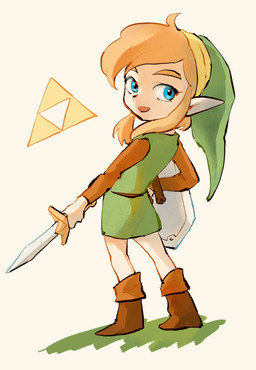 blonde_hair blue_eyes boots clothing footwear green_clothing green_hat green_headwear hair hat headgear headwear humanoid_pointy_ears light_body light_skin looking_at_viewer male melee_weapon not_furry open_mouth open_smile pointy_ears pointy_hat shield shirt shoes smile solo sword topwear triforce tunic weapon gari_osushi nintendo the_legend_of_zelda link elf humanoid hylian hi_res