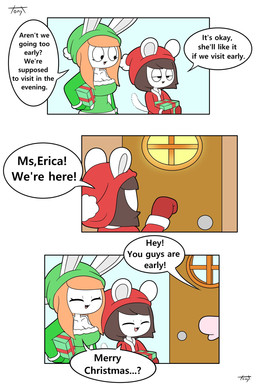 anthro breasts brown_hair christmas_clothing christmas_headwear cleavage clothed clothing dialogue door eyelashes female gift green_clothing group hair hat headgear headwear holidays male orange_hair red_clothing santa_hat speech_bubble tail text trio tonytoran christmas erica_(tonytoran) tina_(tonytoran) tony_(tonytoran) chinchilla chinchillid lagomorph leporid mammal rabbit rodent 2:3 comic english_text hi_res