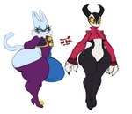 anthro ava_(sssonic2) black_body blue_body blue_fur domestic_cat duo featureless_crotch felid feline felis female fur green_eyes hi_res humanoid imp jester jester_outfit mammal mouthless multicolored_body poppy_(sssonic2) sssonic2 thick_thighs two_tone_body white_body wide_hips