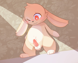 3_fingers 3_toes balls big_ears big_eyes blush bodily_fluids feet feral fingers fur genitals heart_symbol light male mouth_closed navel one_eye_closed penis rabbit_ears red_eyes shaking simple_background solo toes yellow_body young young_male blb_233 lagomorph leporid mammal rabbit hi_res